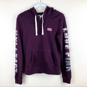 PINK VS Sequin “Love Pink” Zip-Up Hoodie Maroon XS